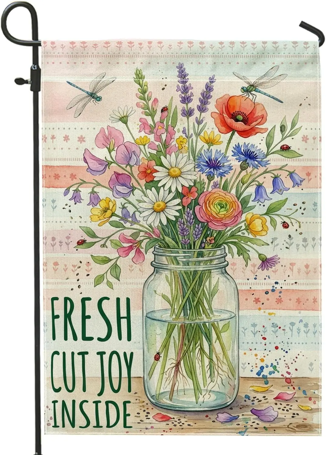 Flowers Garden Flag, Spring Botanical Jar Dragonfly Spring Green Burlap Double Sided Yard Decorative Flags for Outdoor Patio IIC