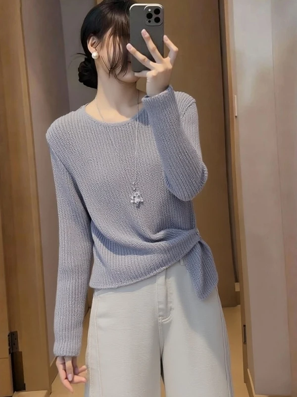 

Женский трикотажный топ с длинным рукавом, приталенный, с боковыми пуговицами, больших размеров, весна 2026, для повседневной носки, в корейском стиле