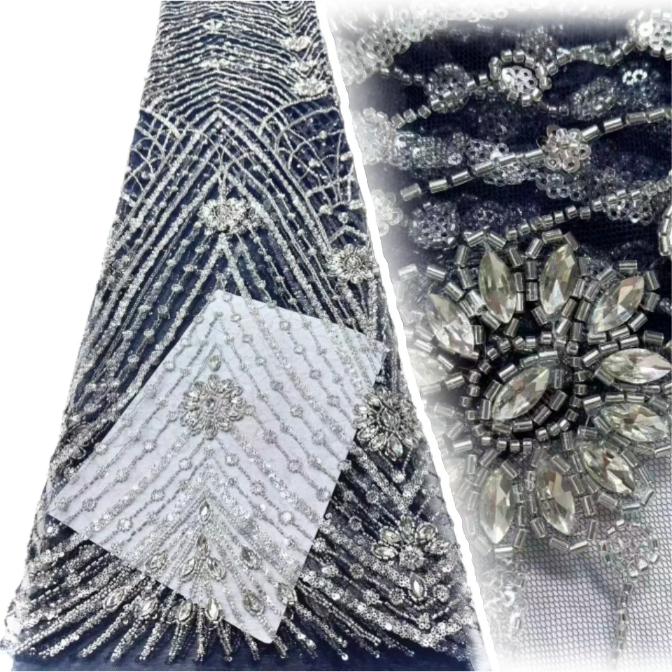 

Luxury African Handcrafted Heavy Beaded Lace Fabric 2026 Nigerian Sequined Mesh Lace Fabric Women's Party Wedding Gown 1958