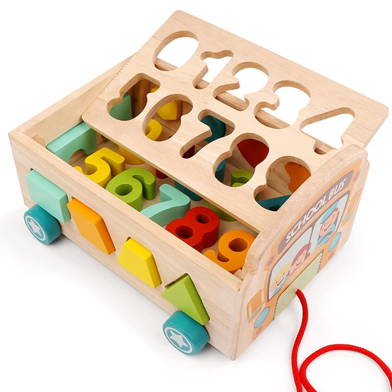 Kids Wooden Drag Car Toys Geometric Shape Building Blocks Matching Toys Assembly School Bus Early Education Puzzle Toys