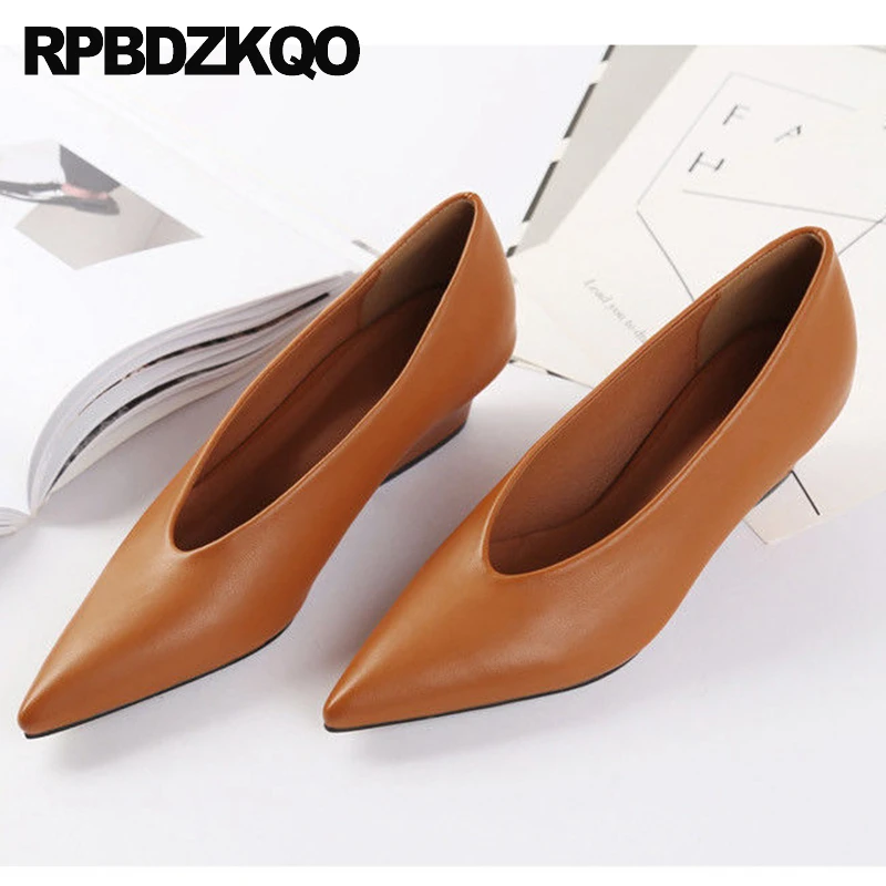 

Solid Pointed Toe Shoes Brown Winkle Picker 34 Medium Heel Women Comfort Court Glove Block Pumps Real Leather Cowhide Slip On