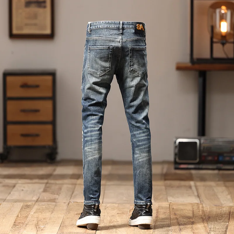 Embroidered Jeans Men\'s Stitching Patchwork Trendy Retro Slim Fit Light Straight-Leg Personality Street Motorcycle Trousers