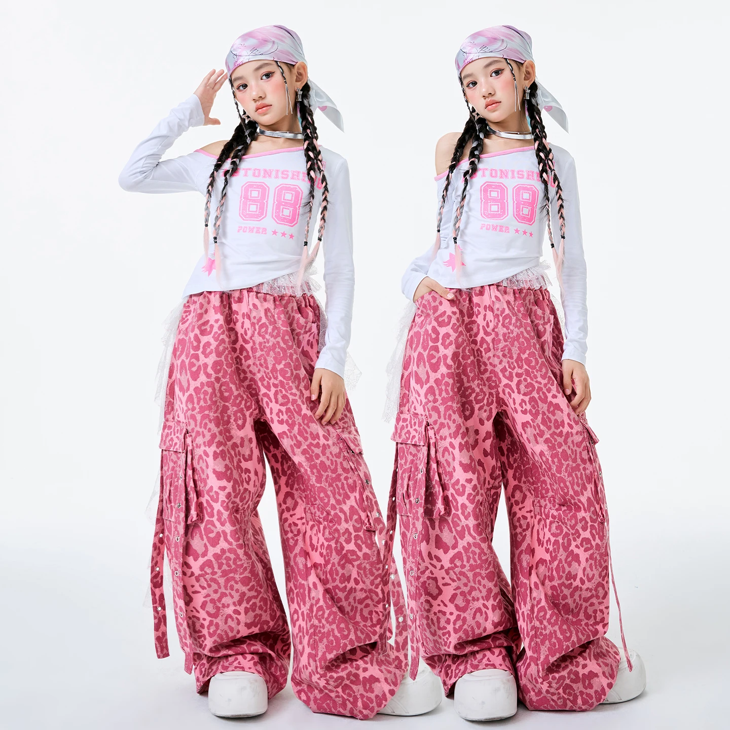 New Kids Cool Hip Hop Clothing Girls Jazz Dance Costume White Top Leopard Pants Children'S Ballroom Dance Street Suit XS10430