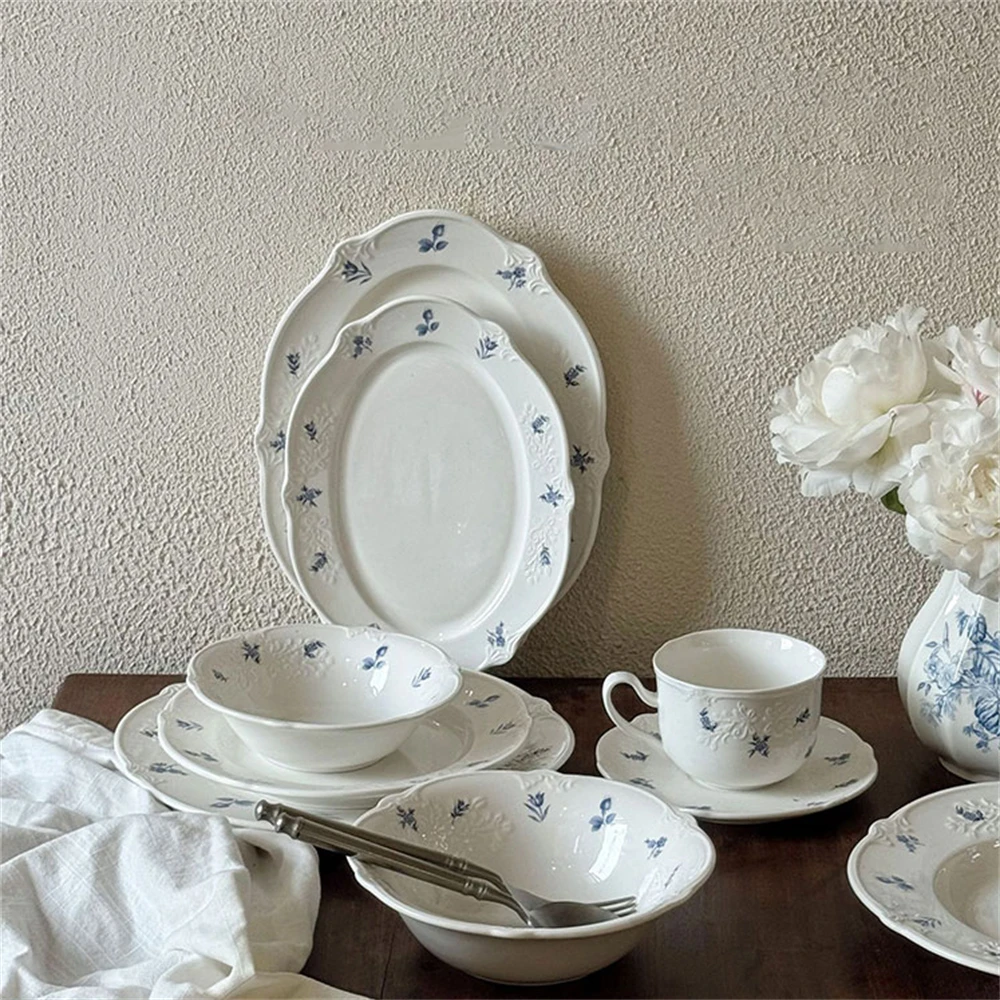 Simple Blue Printing Tableware Kitchen Supplies White Relief Tableware Western Dessert Steak Cake Dim Sum Fruit Dish Set