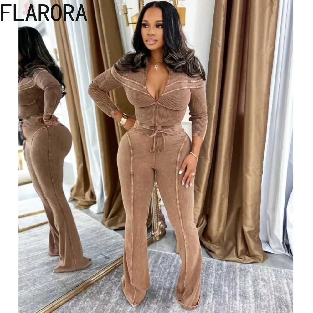 

FLARORA Fashion Washed Distressed 2 Pcs Set Woman Stripe Patchwork Long Sleeve Zip Crop Jackets And Pants Fall Street Tracksuits