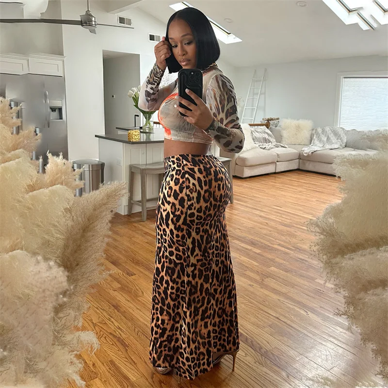 แฟชั่นLeopardพิมพ์เซ็กซี่สองชิ้นชุดผู้หญิงแขนยาวSlim Tเสื้อและเอวสูงMermaidกระโปรงยาวชุด 2025