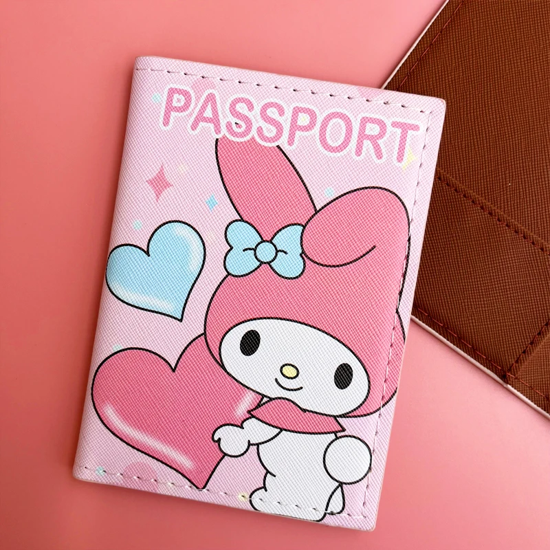 Sanurgente MY Melody-Couverture de passeport pour filles, porte-passeport de voyage en cuir PU, étui pour carte de visite pour femme, porte-carte