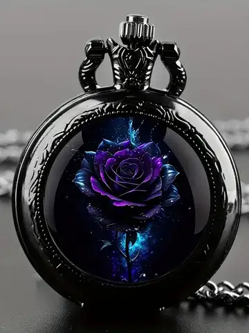 Purple Rose Quartz Movement Pocket Watch,Stylish Black Necklace Chain, Classic Exquisite Design Gift Watch For Women Girls