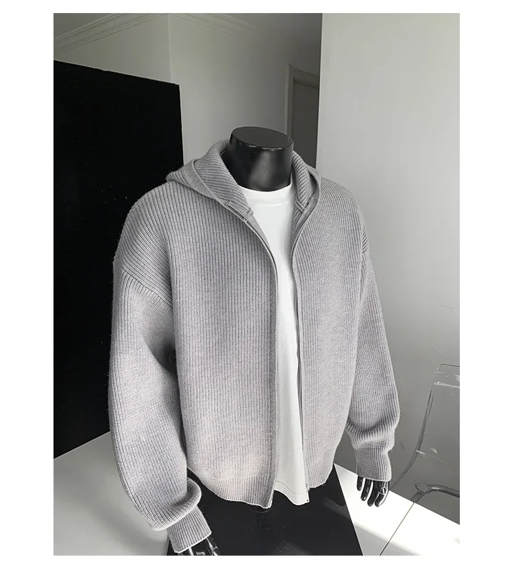 2026 New Autumn Winter Simple Solid Color Knitted Hoodie Men Japan Korean Fashion Casual Loose Double Zipper Hooded Jacket