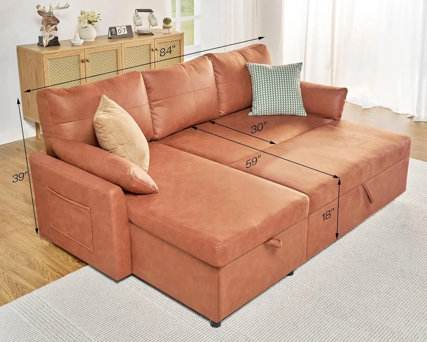 with Storage Chaise, Sofa Sleeper Couch for Living Room, Brown Leathaire Sofa