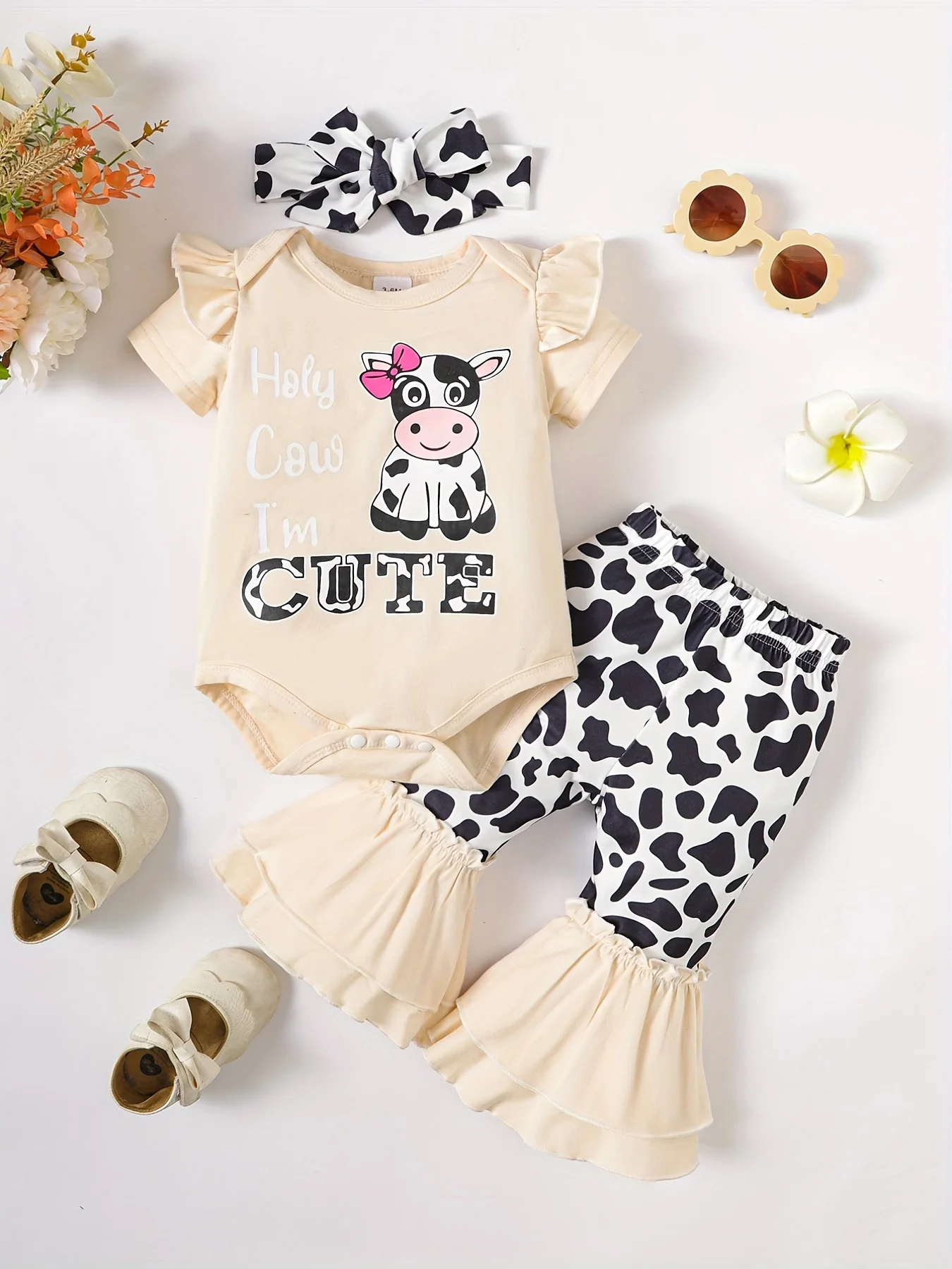 

Наряд для маленьких девочек Holy Cow I'm Cute, комбинезон с рюшами и принтом коровы, комплект с расклешенными брюками и повязкой на голову, летняя одежда для младенцев