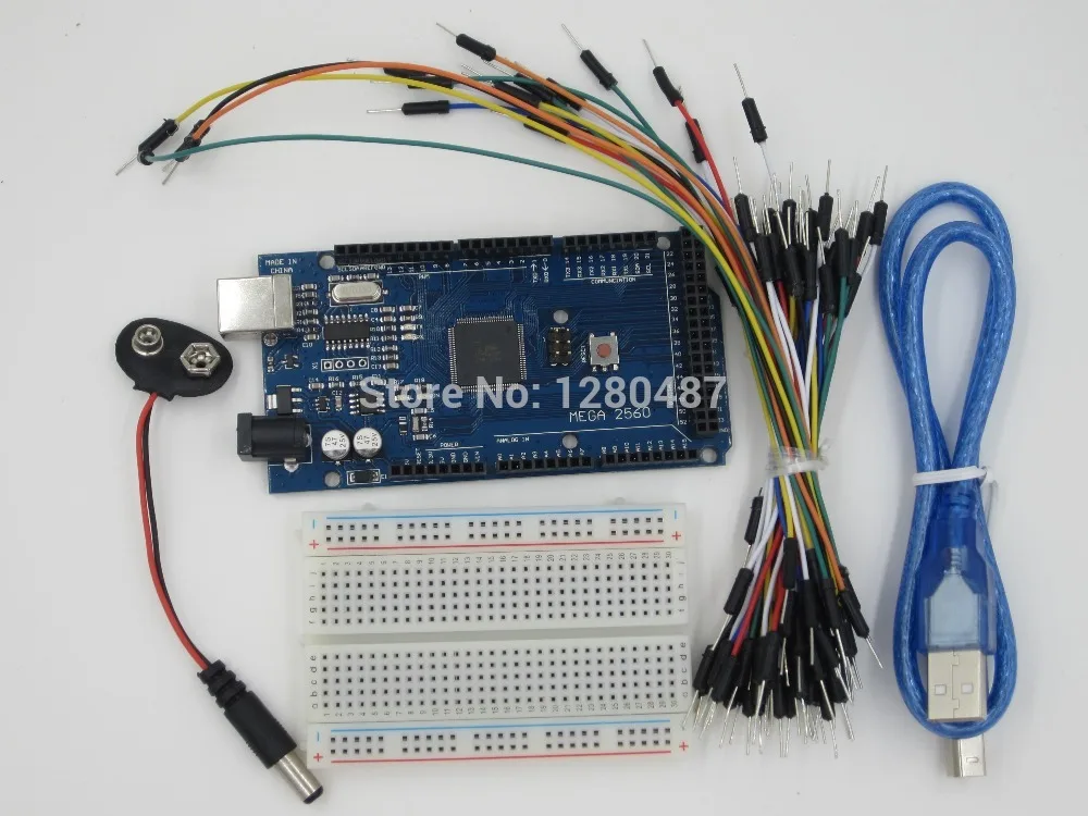 Starter Kit  - Bundle of 5 Items: Mega 2560 R3, Breadboard, Jumper Wires, USB Cable and 9V Battery Connector