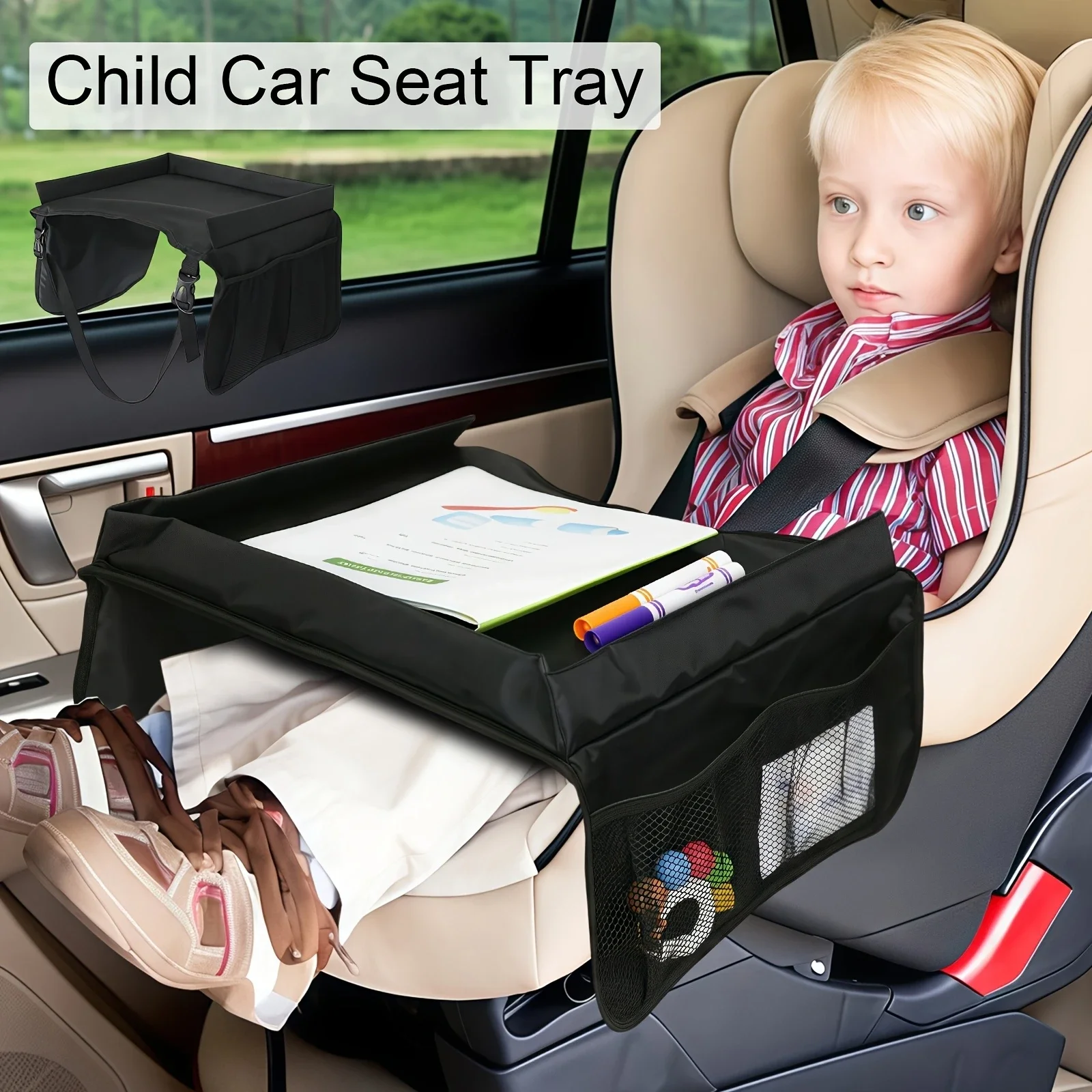 

1pc Child Car Safety Seat Travel Activity Table Multiple Pockets Waterproof Car Table Portable Large Capacity Table