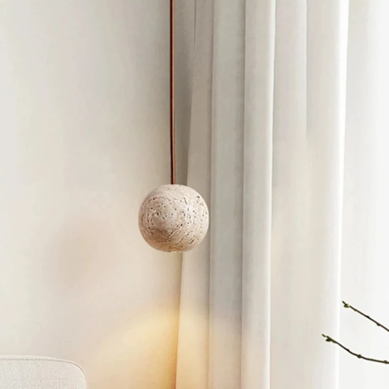 

Led Pendant Lamp Stone Yellow Travertine Chandelier Bedside Small Round Light Nordic Bedroom Creative Hanging Line Lighting