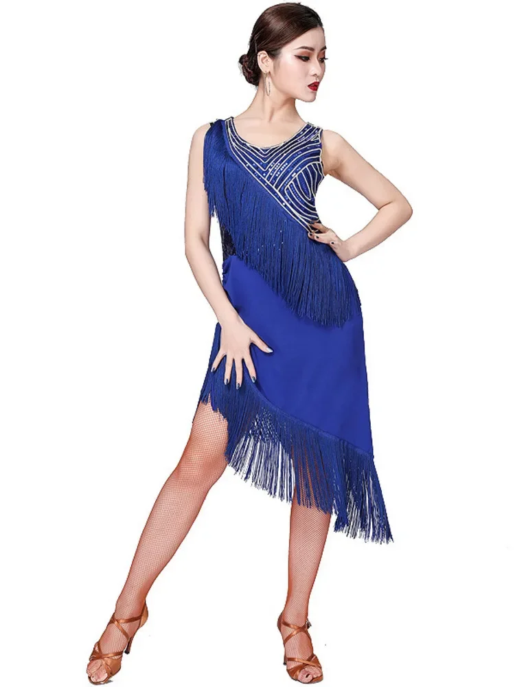 Women Ladies Sleeveless Latin Cha Cha Rumba Dress Sequin Tassels Fringe Ballroom Samba Tango Stage Dance Dress Stage Costume