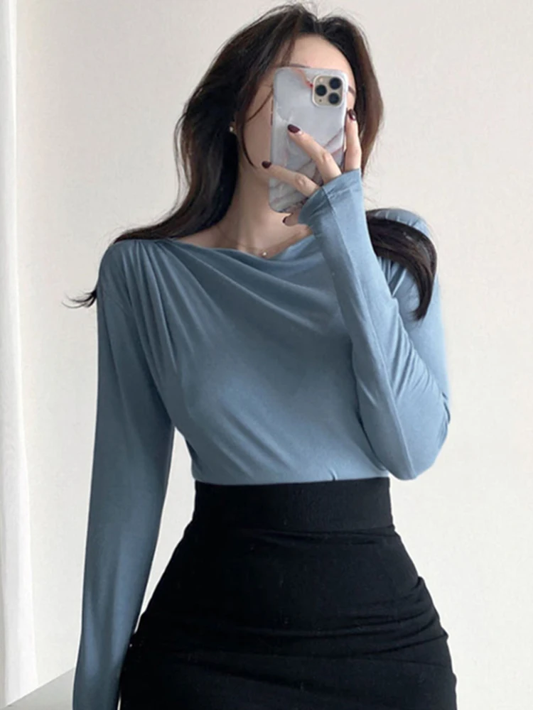 2024 T Shirt Women Basic Cotton Long Sleeves Tee Shirt Elasticity Korean Style blusa mujer Sexy Thin Solid T-shirt Female Top