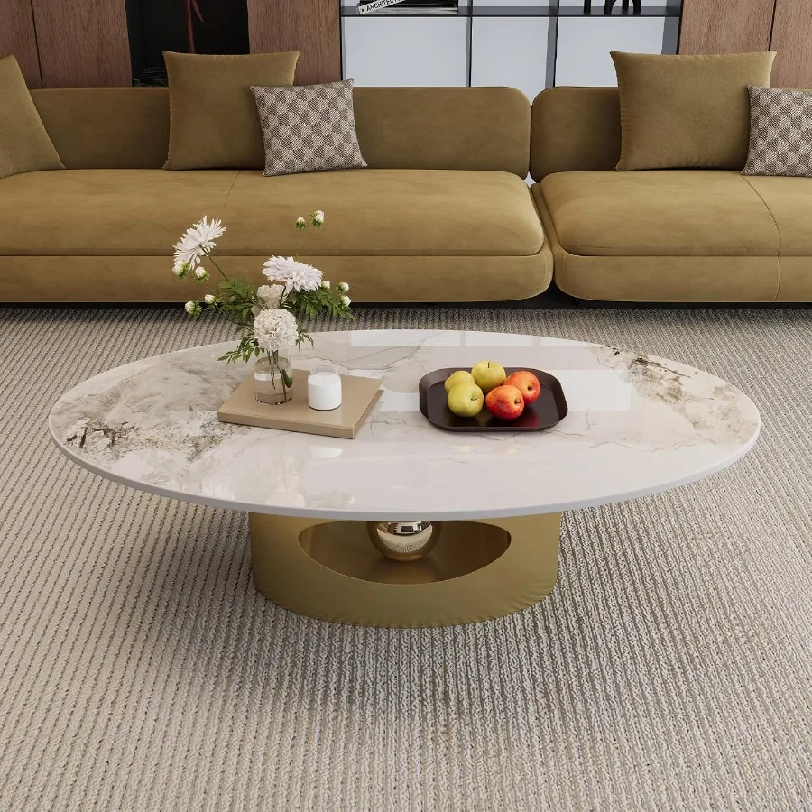 49.2 Faux Marble Oval Coffee Table for Living Room, Gold+White, Lightweight and Scratch-Resistant