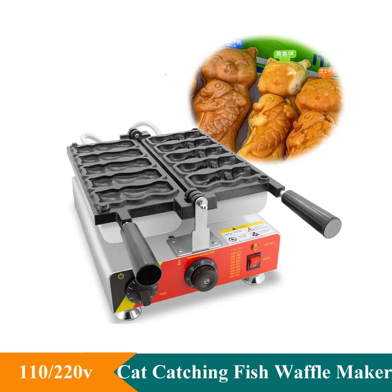 

Cute Cat Catching Fish Shaped Waffle Maker Machine Bungeoppang Snack Commercial Cat Hugging Fish Taiyaki Machine Street Food