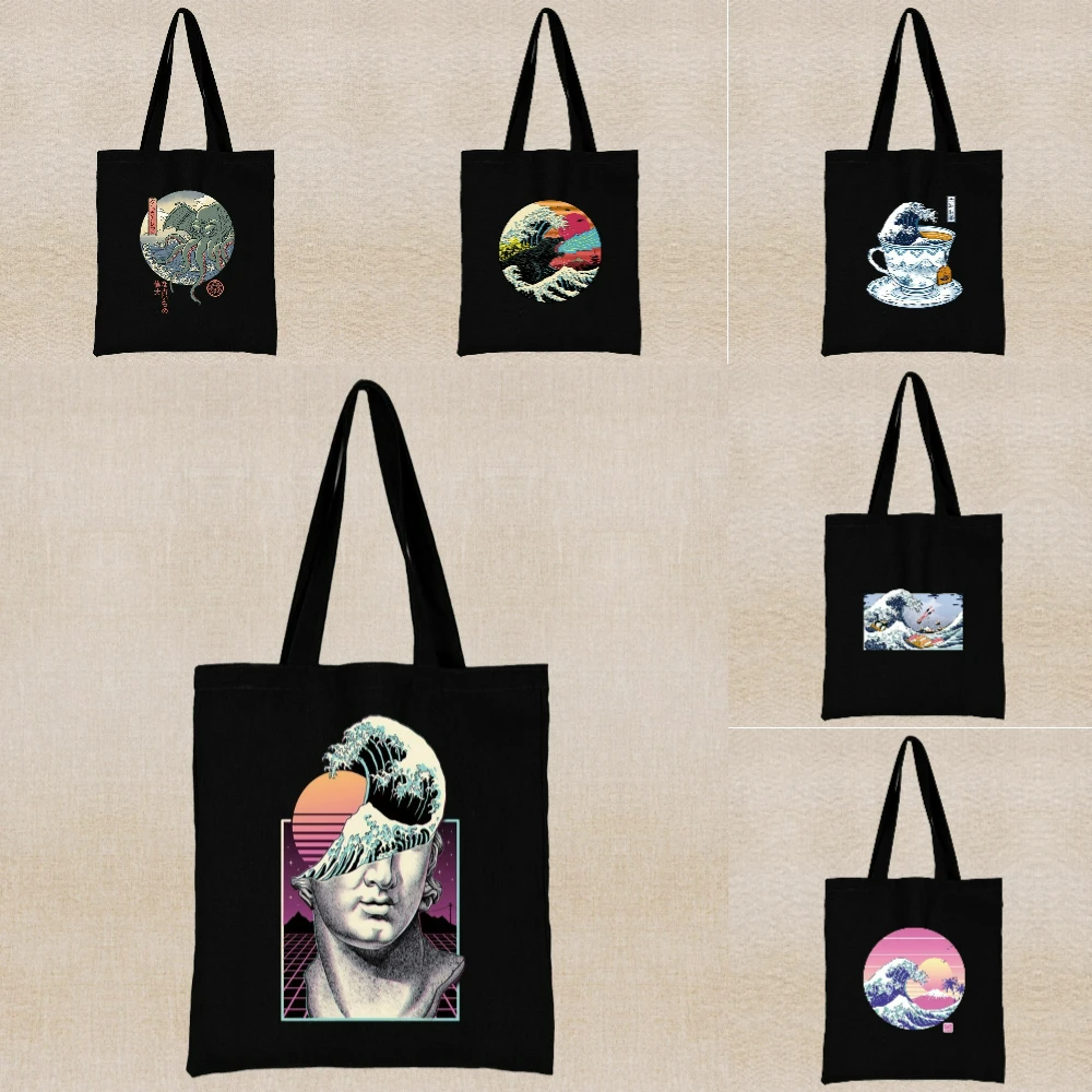 

Black Japanese-style Kanagawa Sea Wave Print Canvas Bag Study Work Travel Shoulder Bag Shopping Handbag Women Yoga Bag Daily Use