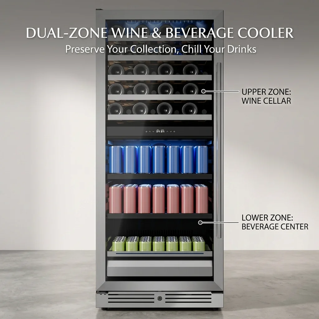 Large Capacity Dual Zone Wine Beverage Fridge 275L 40 Bottles 112 Cans Wine Cooler Cabinet Deodorization Function Electronic Digital Display