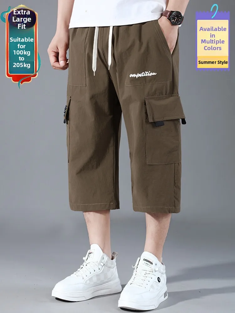 

Extra Large Size Men's Workwear Pants Summer Casual Loose Ice Silk Seven-Foot Pants Faionable Loose Fit High Waist Nylon Fa...