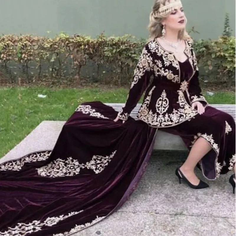 

Detachable Moroccan Caftan Formal Evening Dresses Long Sleeves Velvet Appliques Prom Dresses Arabic Party Dresses Customized