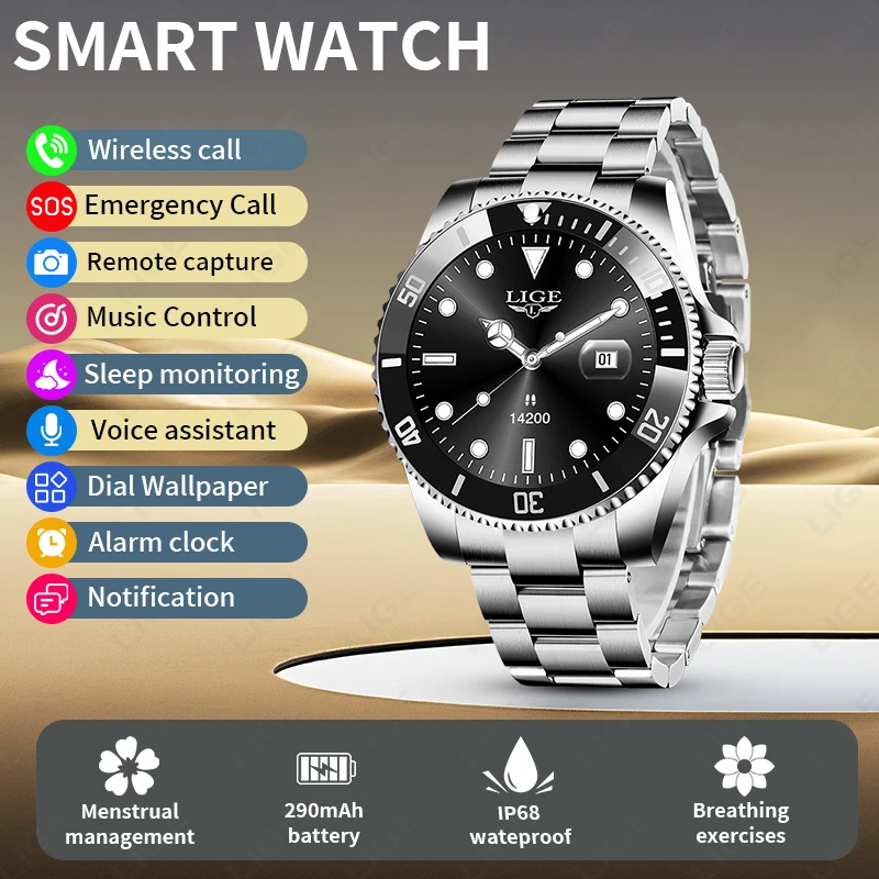 

LIGE New Men's Smart Watch 1.27inch HD Screen Sports Fitness Tracking Heart Rate Bluetooth Call Waterproof Smartwatch Business