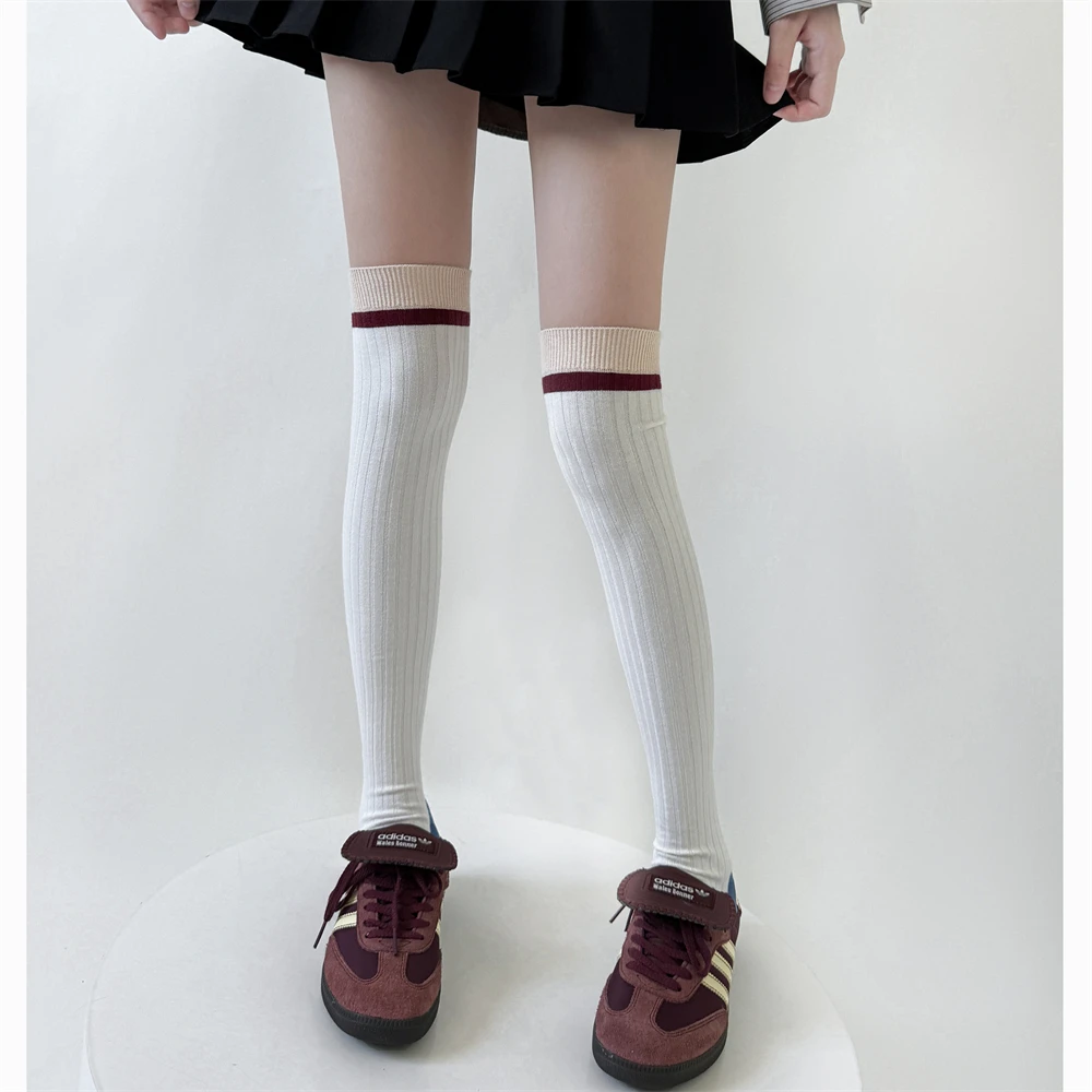 Women Spring Autumn Striped Calf Sock Trendy Half Cut Knee-length Socks Japanese College Style JK Thigh High Over Knee Stocking