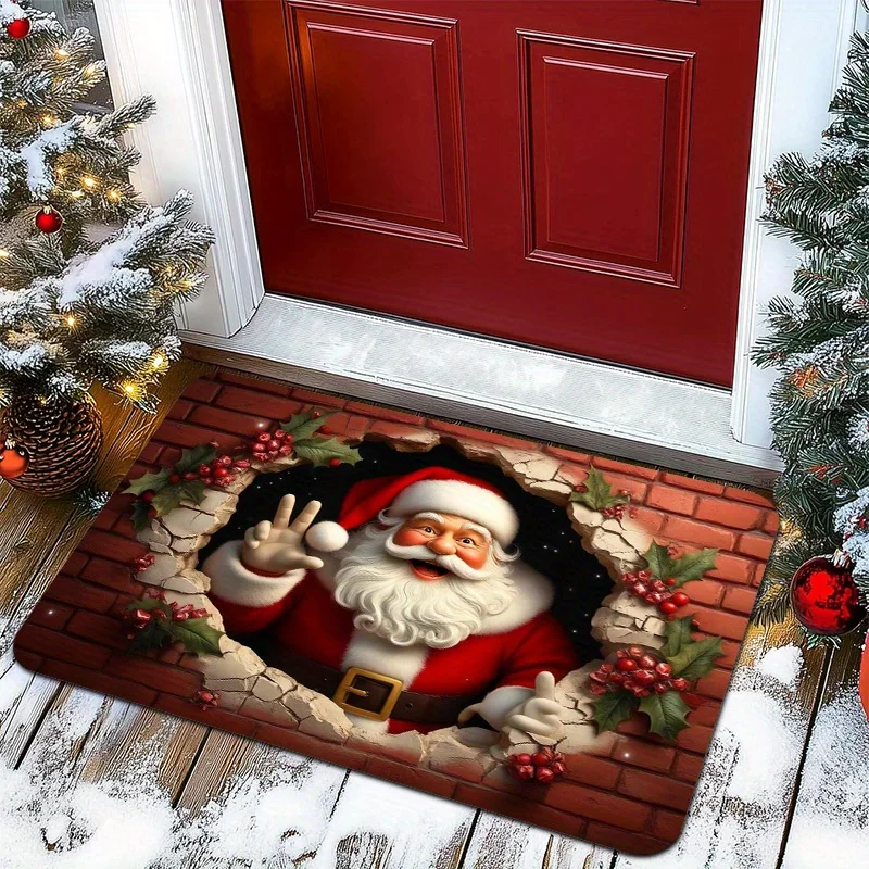 Santa Claus Breaking Through Wall Doormat Non Slip Washable Rug For Outdoor Entrance Kitchen Living Room Bedroom Decor