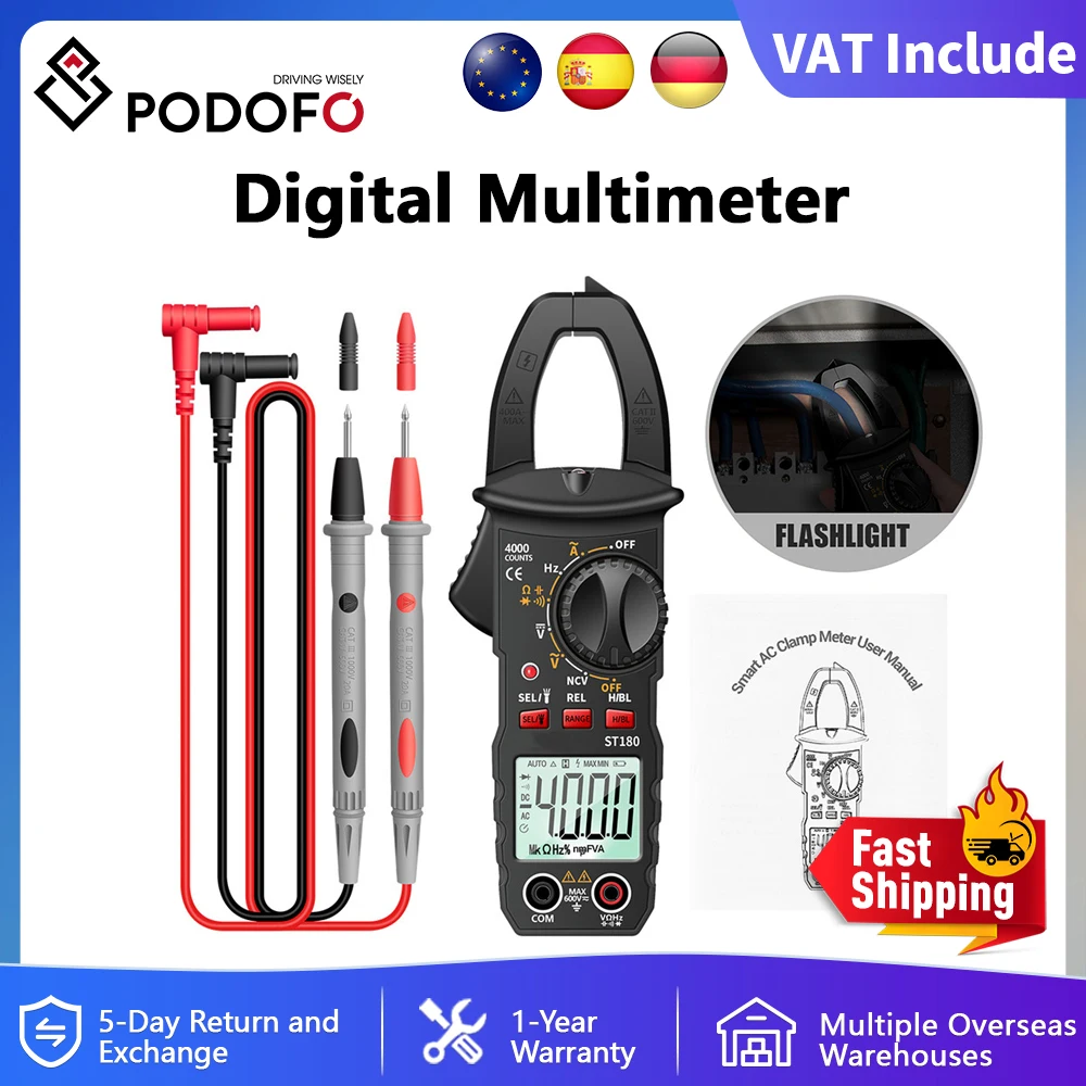 Podofo ST180 4000 points pince multimètre numérique courant alternatif ampèremètre testeur de tension ampli de voiture Hz capacité NCV Ohm outil