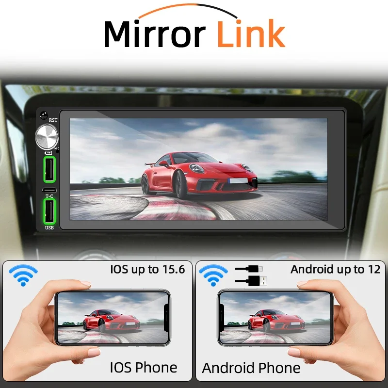 HIPPCRON Car Radio 6.86" Wireless Carplay Android Auto 1Din Car Stereo Multimedia Video BT5.0 FM USB Type-C Charge MP5 Player
