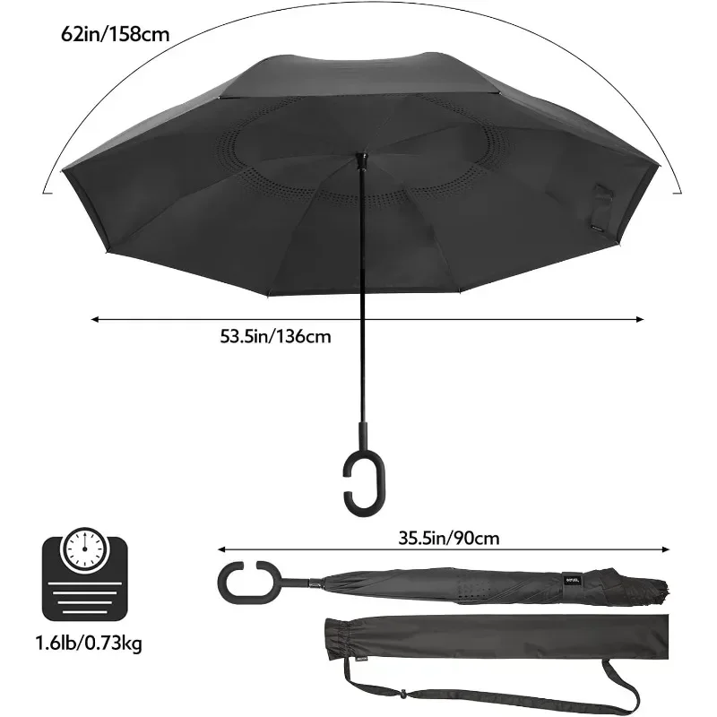 Large Inverted Reverse Umbrella, Upside-down Folding Umbrella with C-Shaped Handle Windproof Double Layer Upside Rain Umbrellas