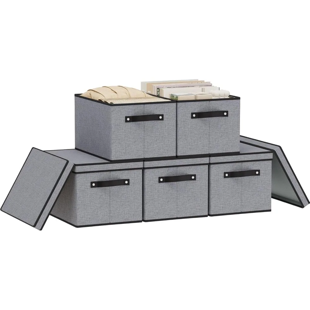 

5 упаковок серых тканевых ящиков для хранения с ручками и крышками, складные органайзеры для шкафов для полок