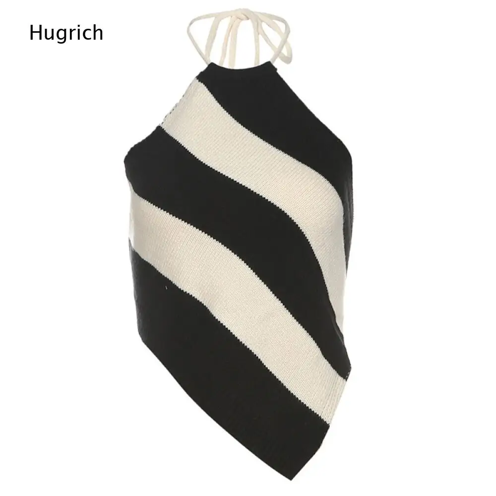 Ladies Sleeveless Y2K Cropped Halter Blouse Black White Knit Diagonal Stripe Self Tie Neck Irregular Asymmetric Point Hem Top