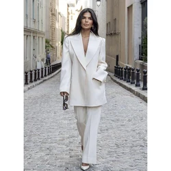 Chic Loose White Single Breasted Women Pants Set New Female Two Pieces(Blazer+Trousers) conjuntos femininos elegantes