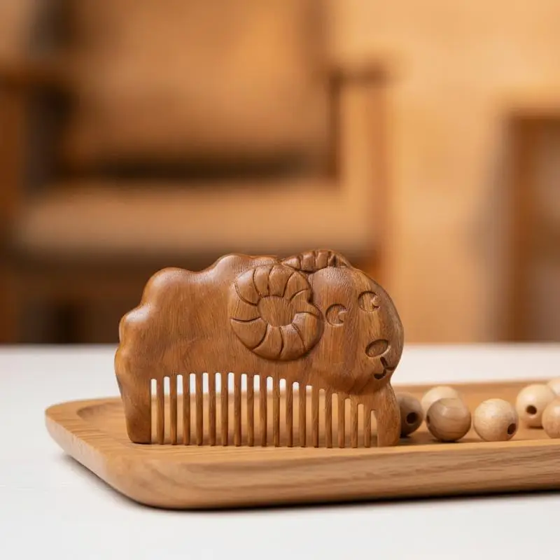 Natural Sandalwood Hair Comb Mini Baby Zodiac Sheep Hair Comb Women Wooden Detangle Combs Anti-Static Scalp Massager Hair Care