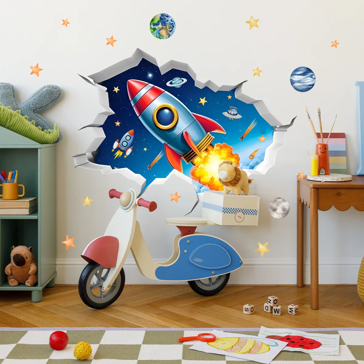 Autocollant mural cassé planètes de fusée d'univers 3D, papier peint planète spatiale cosmique pour chambre d'enfants, décoration murale de chambre de garçon