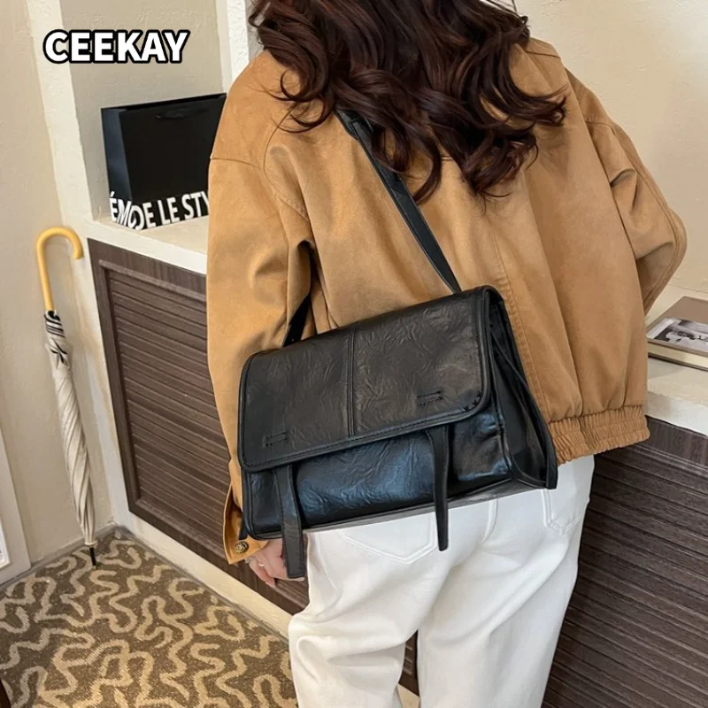 CEEKAY Women's Shoulder Bag Dark Brown Glossy PU Leather Large Flap Messenger Handbag Double Belt Detail Daily Casual Minimalist