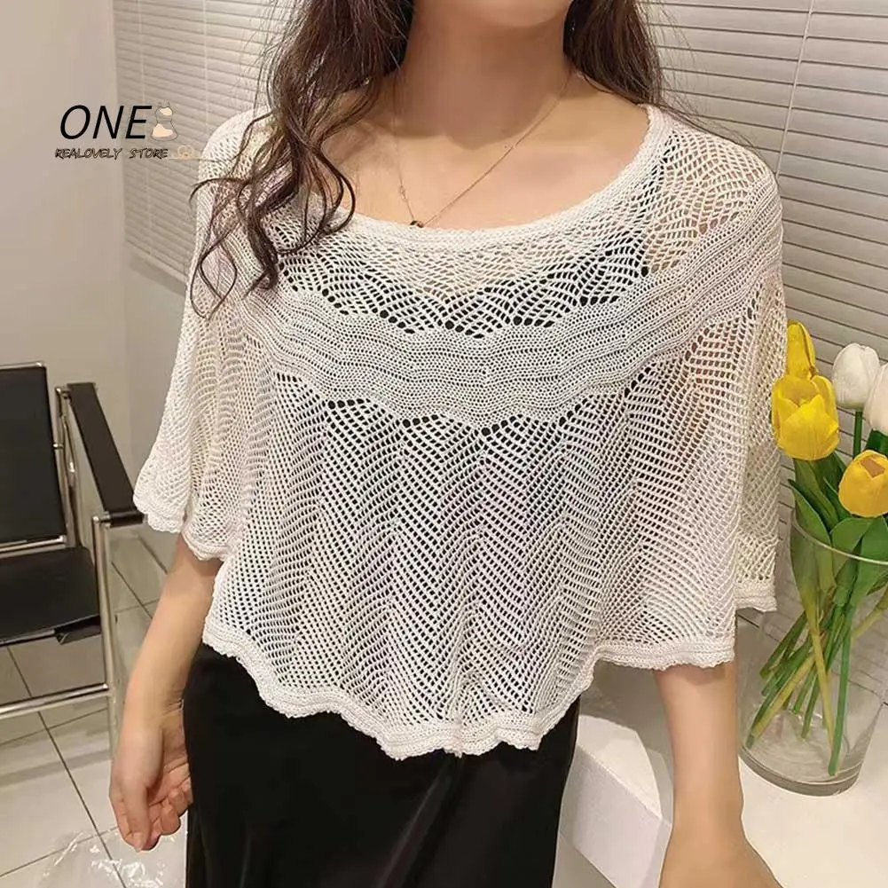 Womens Loose Crochet Tops Hollow Out Cotton Shrug Poncho Shawl Wrap Crewneck Summer Beach Cover Up Shoulders Warm Shawl Pullover