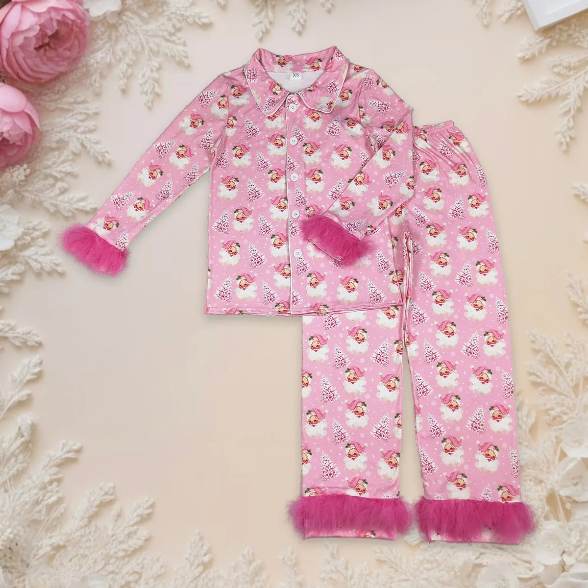

Mom Adult Women Pjs Pink Santa Trees Sleepwear Outfit Long Sleeve Button Down Top Pant Set Woman Infant Cotton Pajamas Wholesale