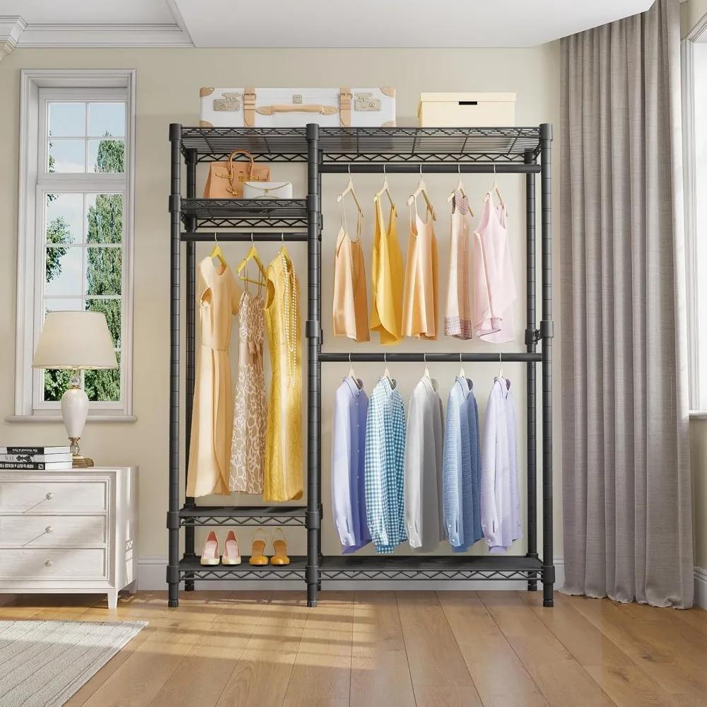 Robuster, freistehender 4-stufiger Drahtregal-Schrank-Organizer mit 3 Hängestangen für Kleidung