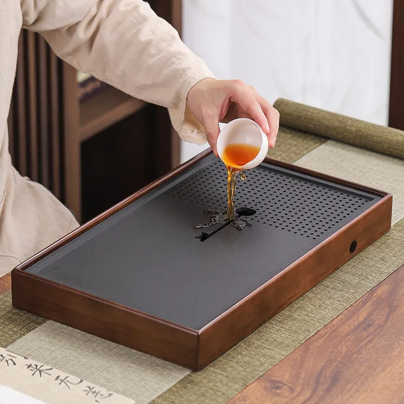 Modern Solid Wood Tea Tray Luxury Drainage Rectangular Tea Tray Stone Plate Home Serving holz tablett rechteckig Tea Supplies