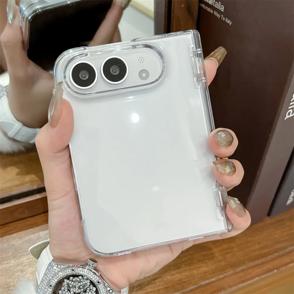 Clear Transparent Hard Phone Case For iPhone Ultra Fold Built‑in Hinge Protection Anti‑Drop Shockproof Acrylic Full Cover Shell
