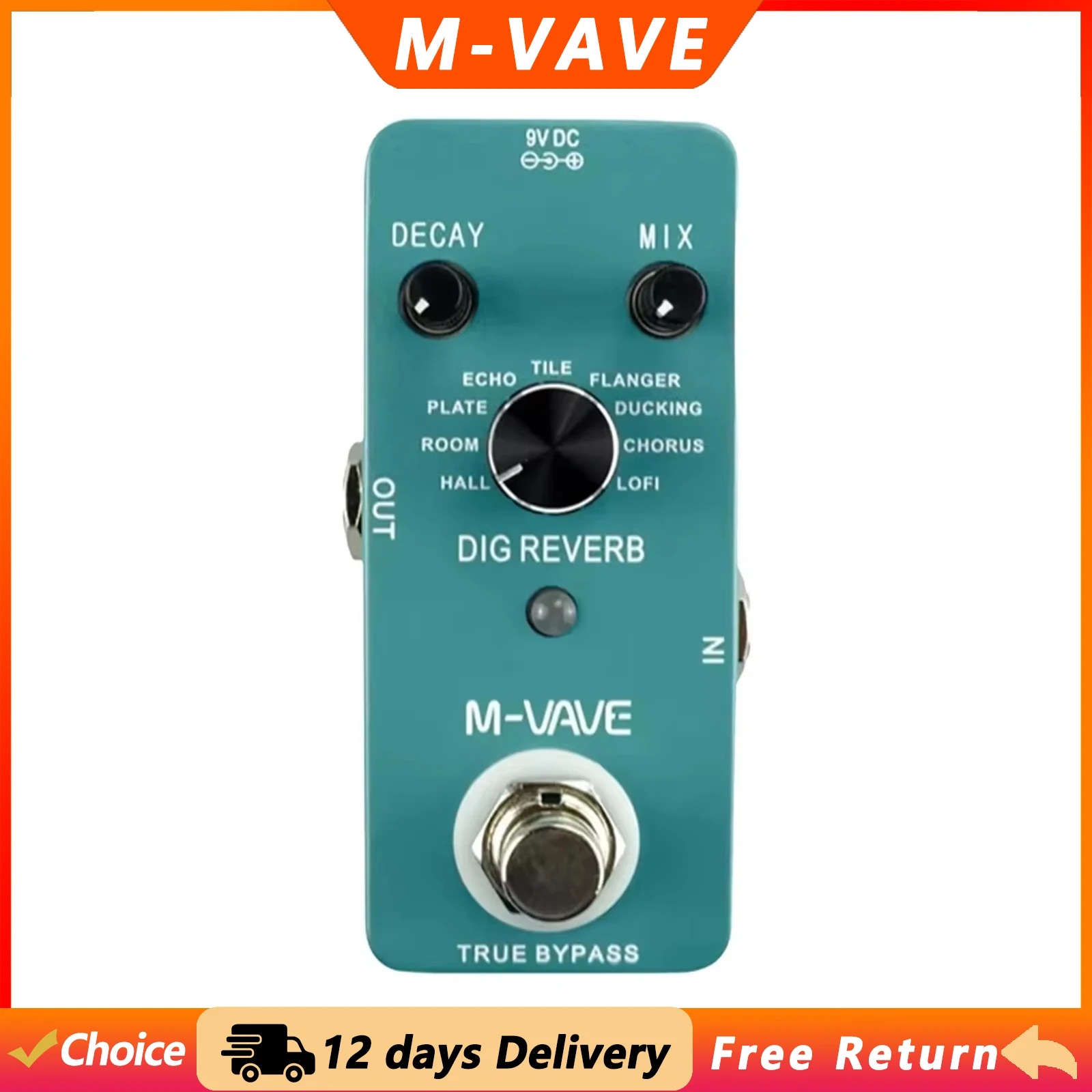 M-VAVE Guitar DIG Reverb Effect Pedal 9 Digital Reverb Types Decay Mix Control Effect True Bypass Electric Guitar Accessories