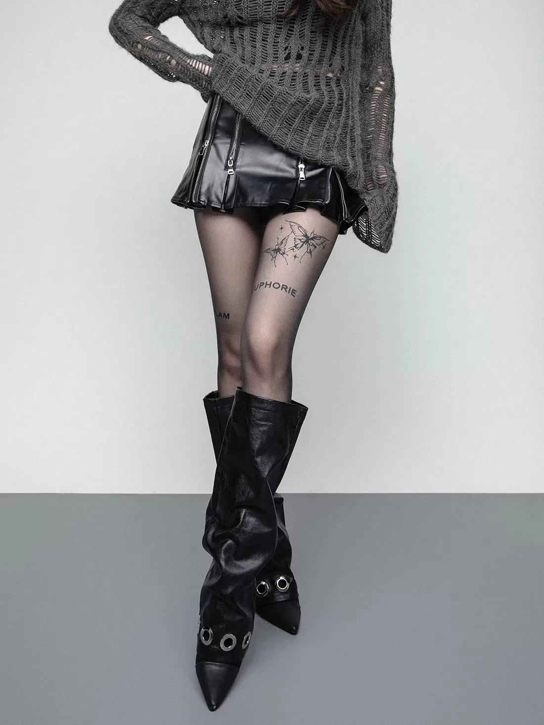 Original Silver Rivet Large Eyelet Leather Leg Warmers, Dark Street Punk Y2K Girl Style R2558 view 3