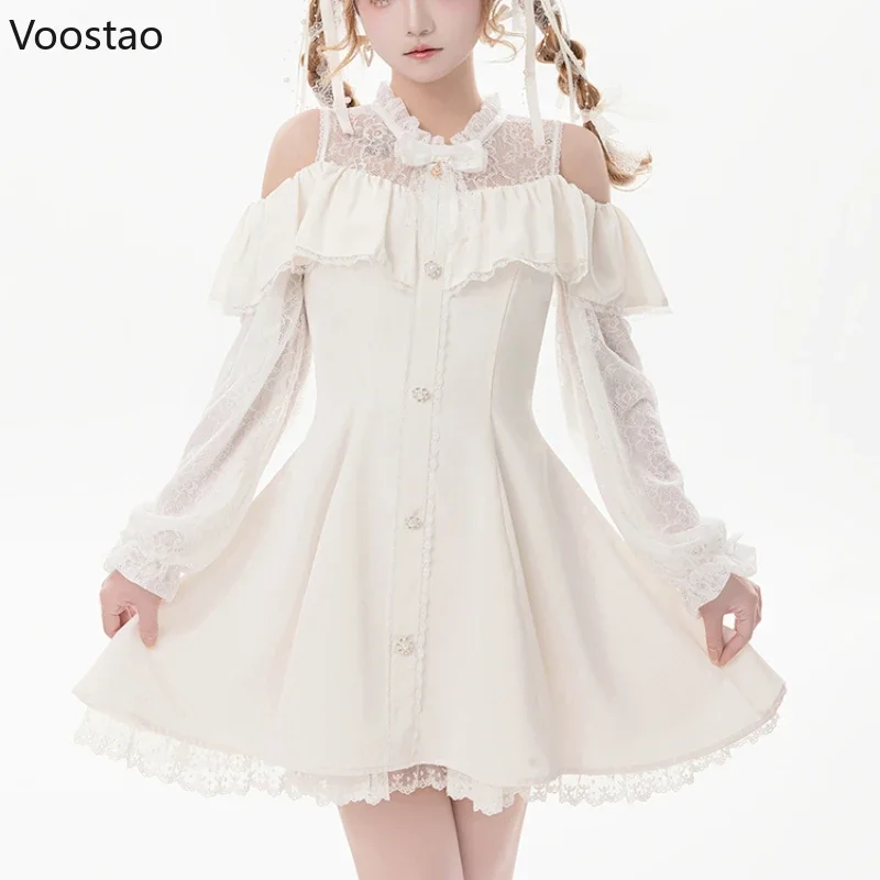 Japanese Style Gothic Lolita Dress Women Elegant Sweet Bow Off Shoulder Lace Long Sleeve Princess Dress Harajuku Y2k Party Dress