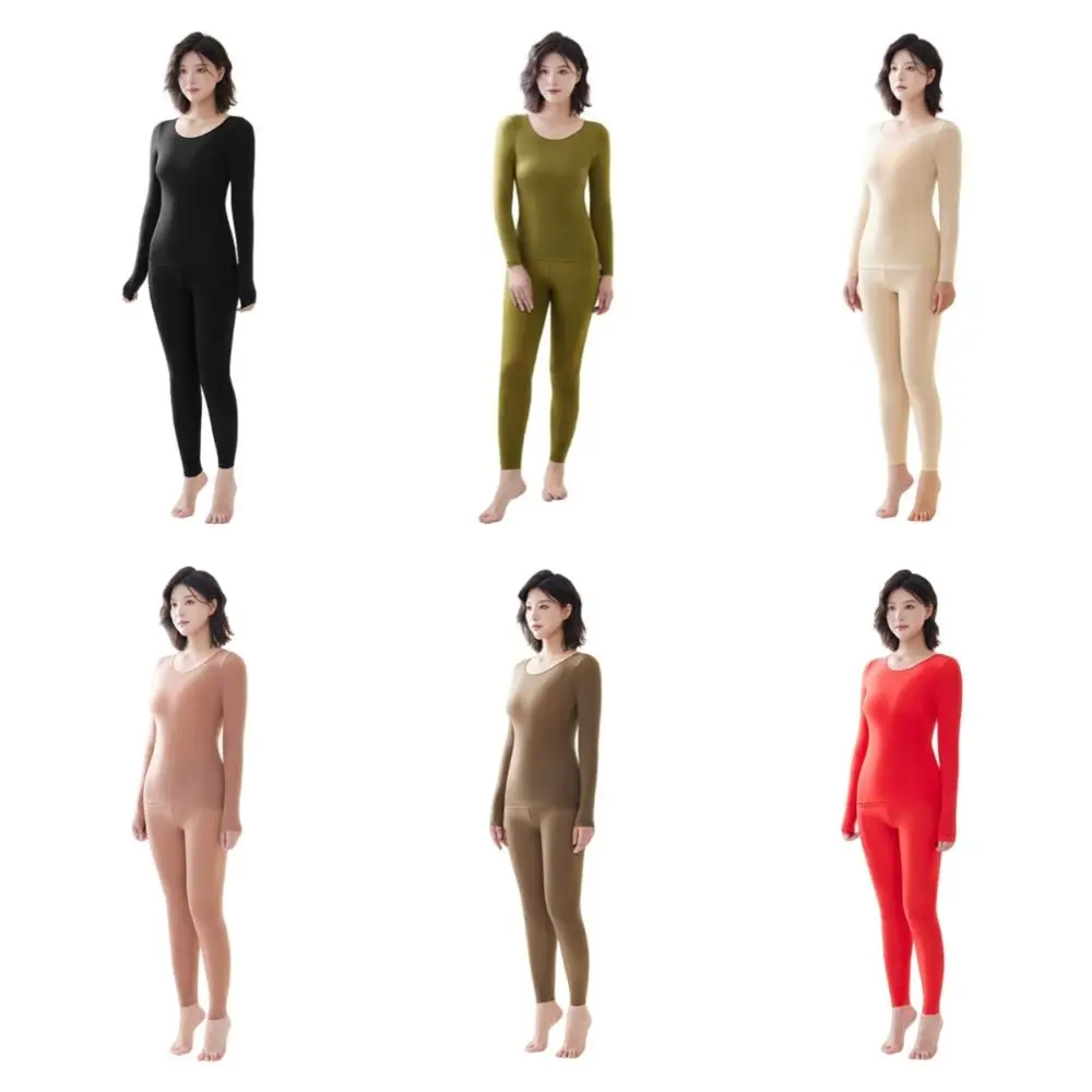Ultradünne Damen-Thermokleidung Set aus Oberteil und Hose mit Rundhalsausschnitt, unsichtbare Thermo-Unterwäsche, wärmeisolierend, lange Hose – Detail 2