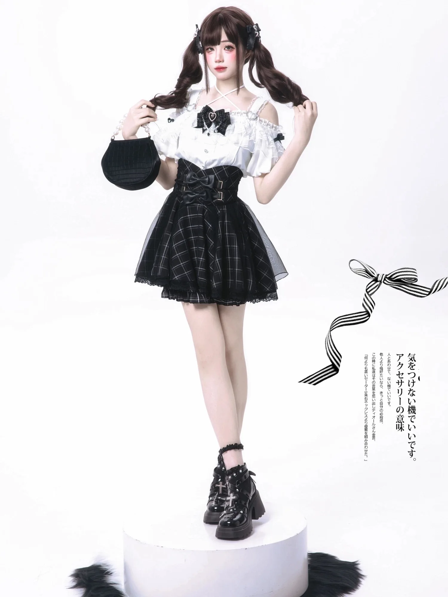 Kawaii Japanese Jirai Kei Ryousangata 2Piece Set Retro Sweet Black White Lace Off-Shoulder Blouse High-Waisted Plaid Mini Skirt