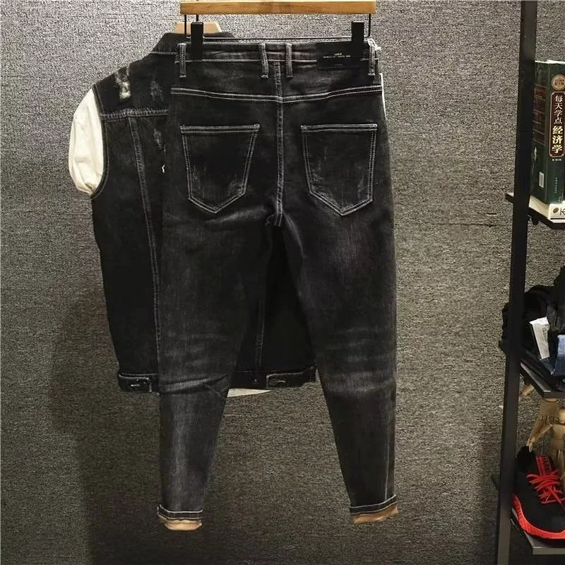 Jeans rasgado de luxo masculino, calça lápis, fino, casual, designer, moda, designer, namorado, primavera, outono