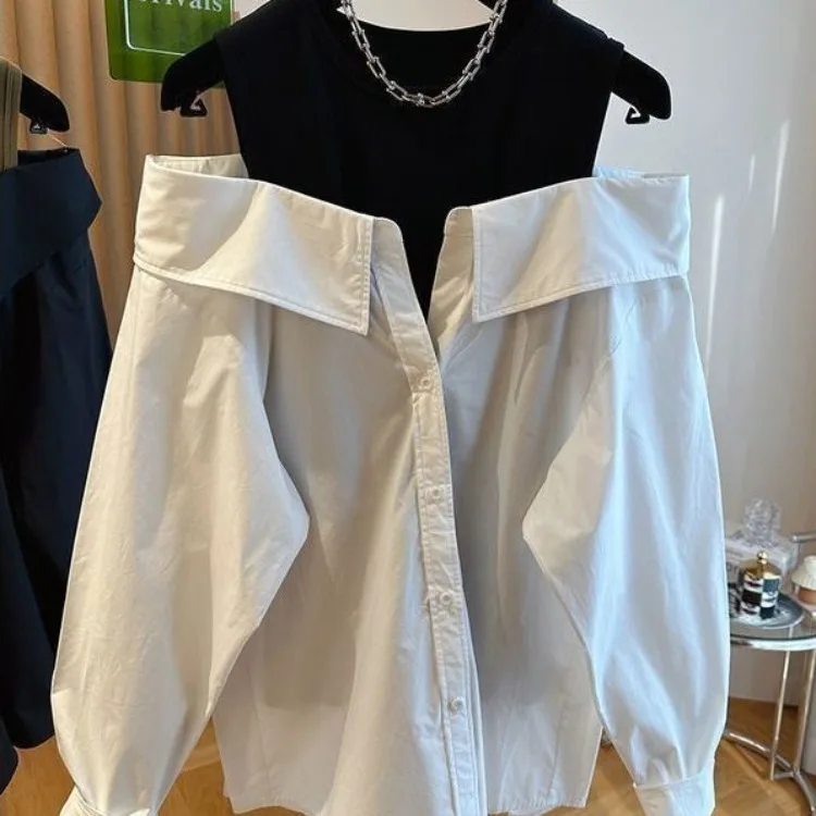 Fake Two Piece Off Shoulder Blouses 2024 New Lapel Neck Vest Shirts Women Y2k E-Girl Long Sleeve Loose White Blusas Mujer